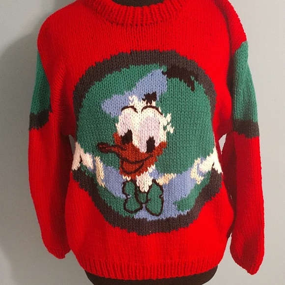 Vintage Sweaters - Vtg Disney Donald Duck Hand Knitted Sweater Ugly S